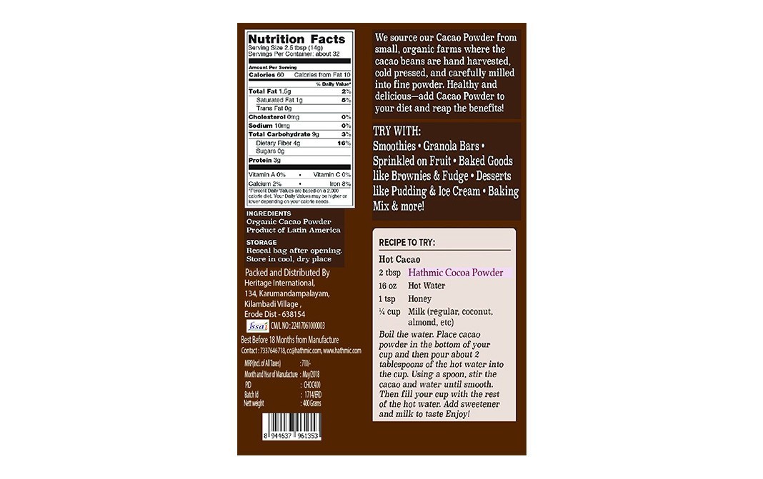 Hathmic Cocoa Powder (Natural & Unsweetened)   Pack  400 grams